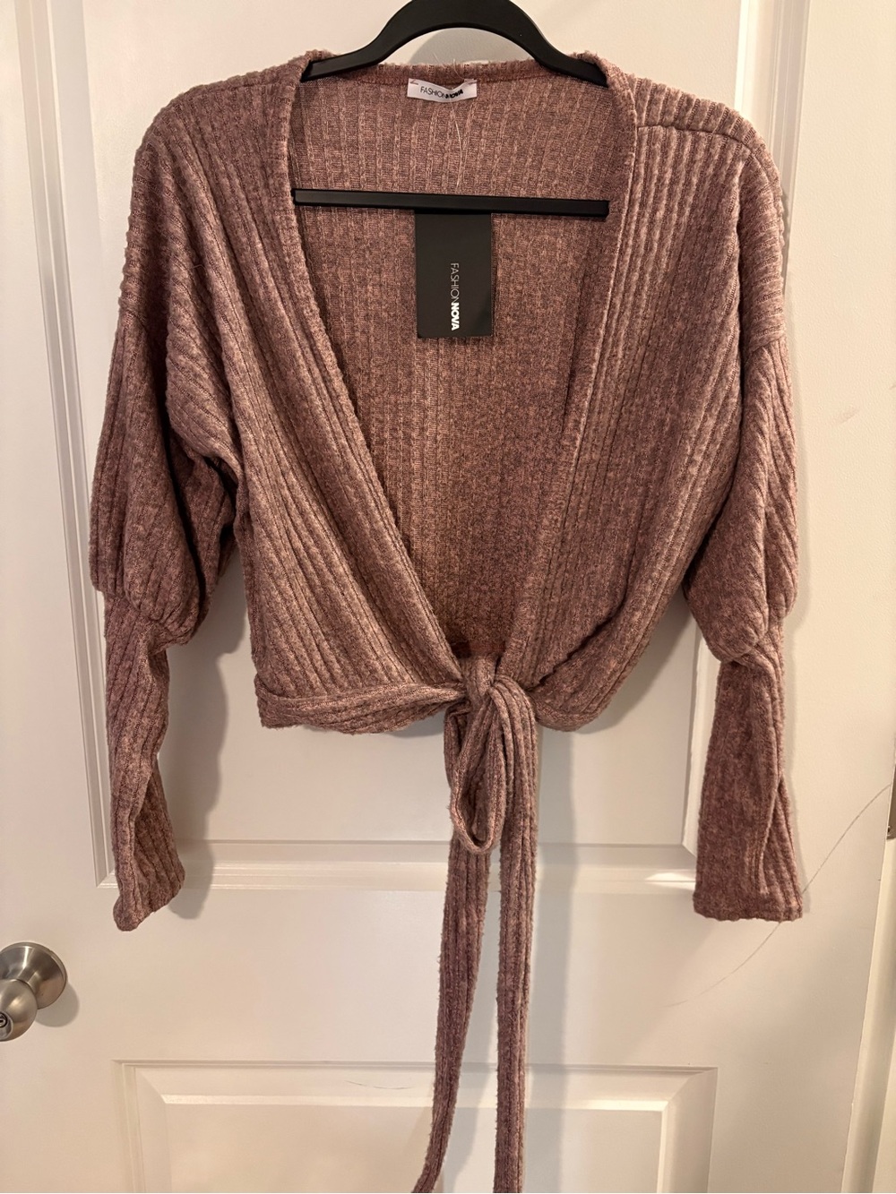 Fashion Nova Rose Mauve Ribbed Tie-Front Cardigan